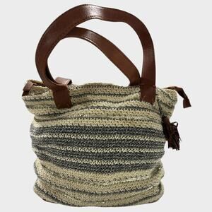 THE SAK BAG Large Zipper Crocheted Leather Trim Cream Gray